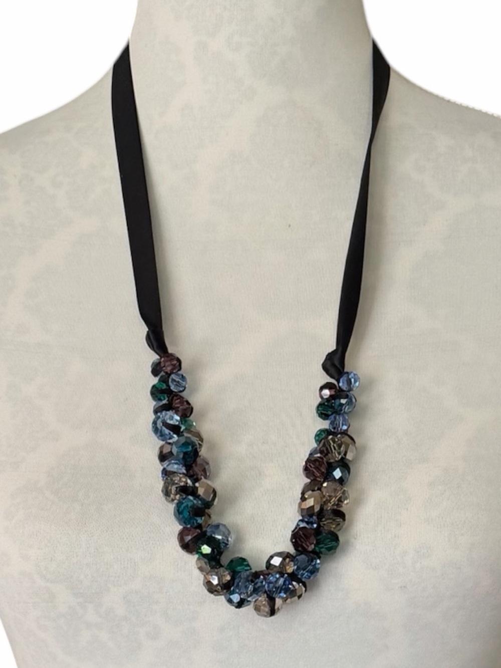 LOFT Multi-Color Crystal Cluster Black Satin Ribbon Necklace
